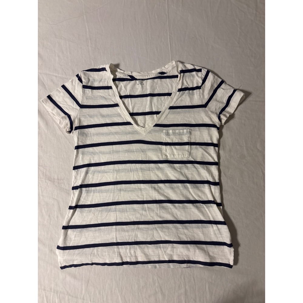 Madewell Striped V-Neck‎ T-Shirt Womens XXS White Blue Good Pocket Tee